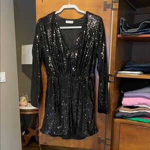 Anine Bing Elena Mini Black Sequin long sleeve dress, Size Small